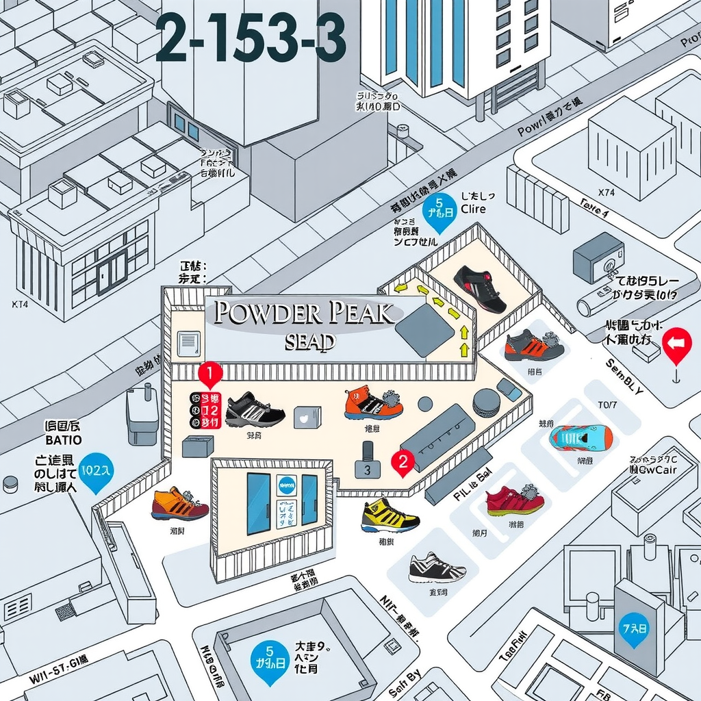 東京都港区南青山2-15-3の地図。表参道駅から徒歩5分、青山通り沿いのモダンな建物内にあるPowder Peak Snowboardsの店舗位置を示す詳細な地図