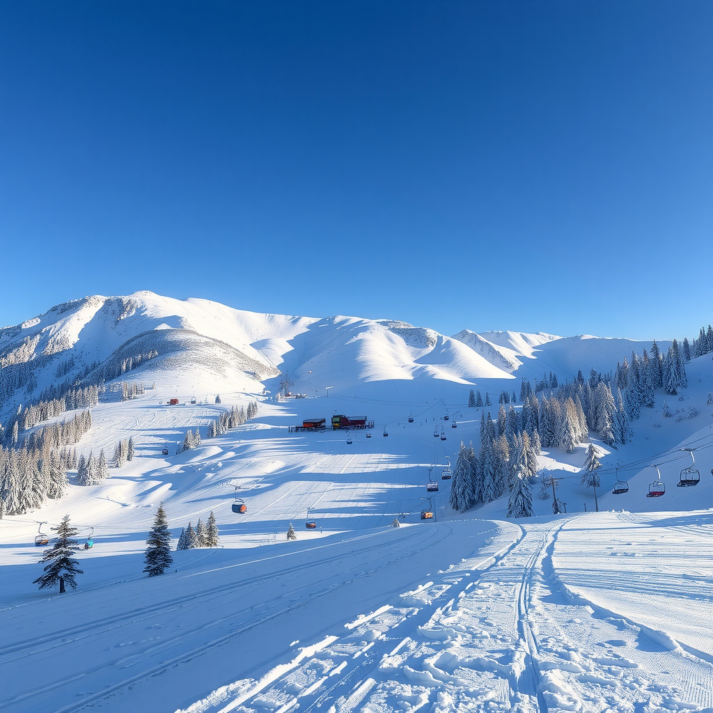 雪に覆われた山岳リゾート、稼働中のスキーリフトと青空の下で新雪が斜面を覆っている様子