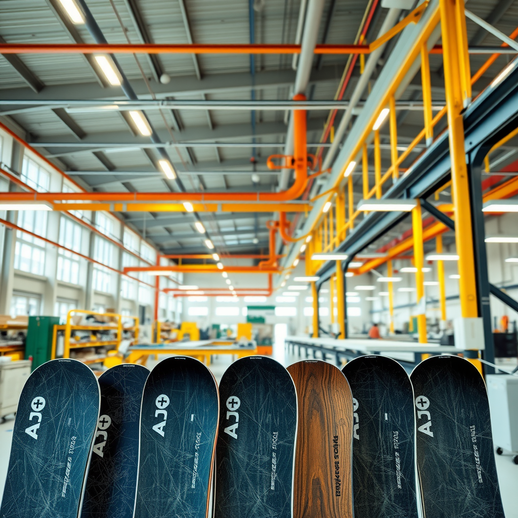 最先端の持続可能なスノーボード製造施設。リサイクルされたコア材料、バイオベースの樹脂、カーボンニュートラルな生産ラインを示す明るく近代的な工場内部。前景には環境に優しい素材で作られた完成したスノーボードが展示されている