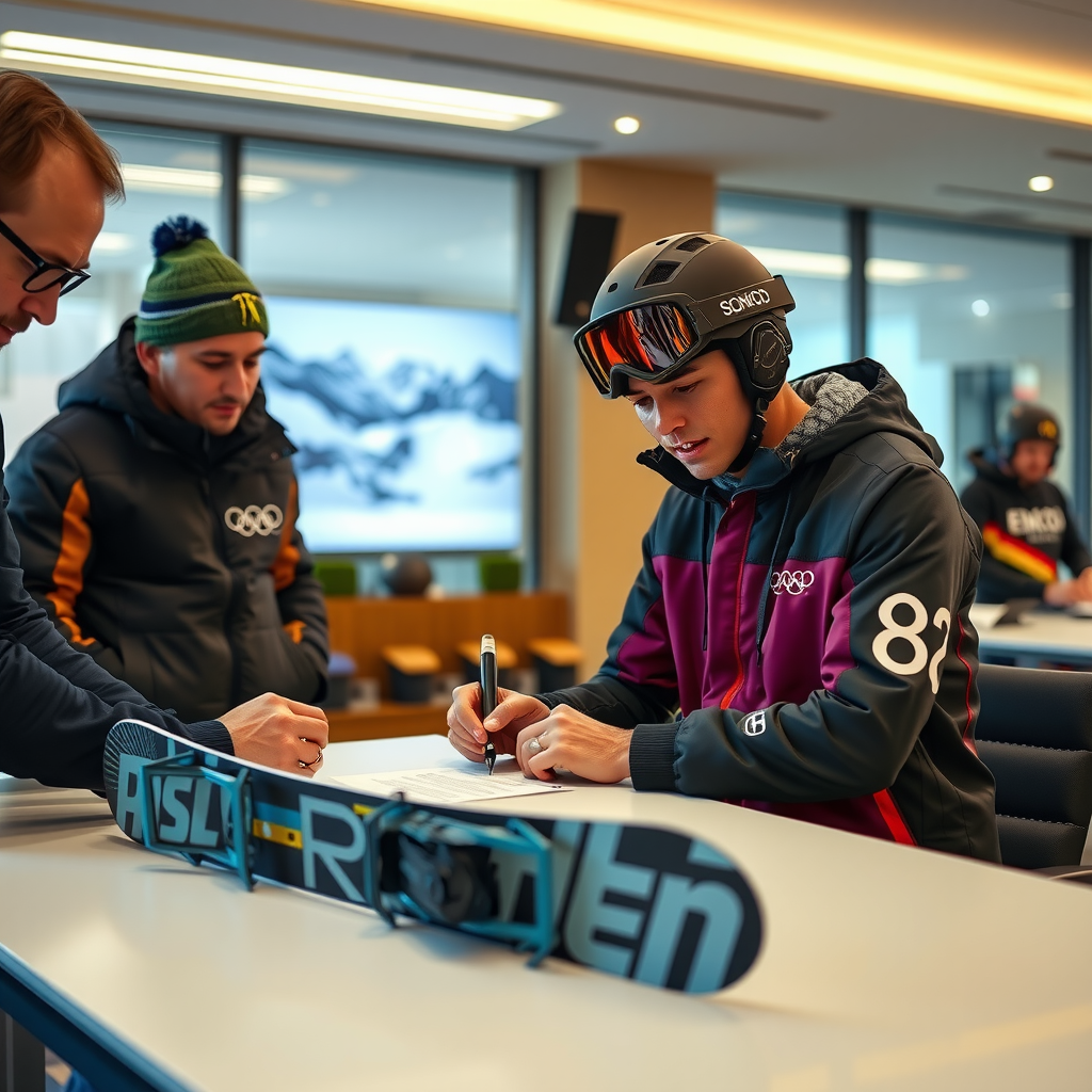 オリンピックメダリストのスノーボーダーが、モダンなオフィス環境で主要ブランドの代表者とパートナーシップ契約に署名している様子。背景には高性能スノーボード用品のプロトタイプが展示されている