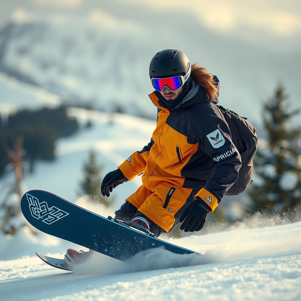 モダンなテクニカルアウターウェアを着用したスノーボーダーが山の斜面で滑走している様子。アーバンスタイルのジャケットが特徴的