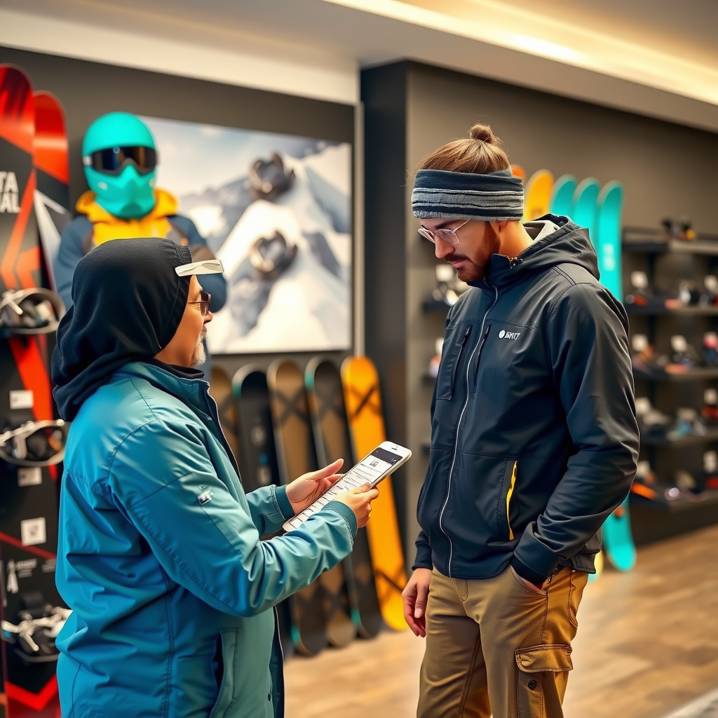 Professional snowboard specialist conducting one-on-one consultation with customer, analyzing riding style and body measurements in modern shop setting with snowboards displayed on wall