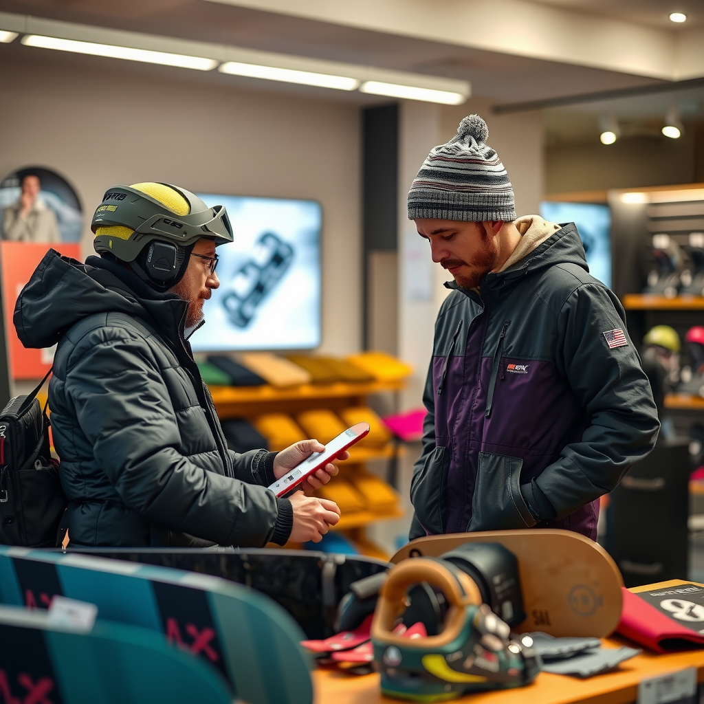 プロのスノーボードコンサルタントが、モダンなショップ環境で顧客と一緒に機器を分析している様子