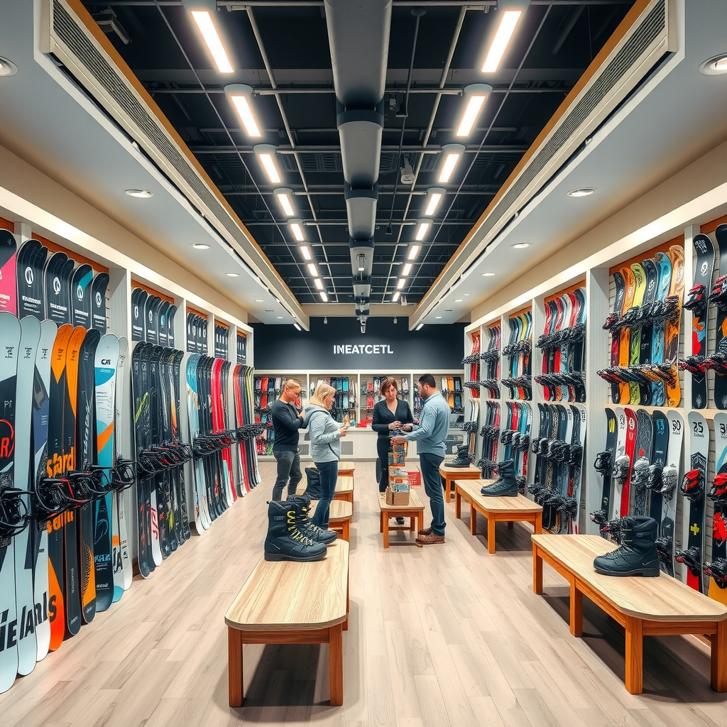 明るく広々としたスノーボードレンタルショップの内装。壁に沿って様々なサイズとデザインのスノーボードが整然と並べられ、中央には試着用のベンチとブーツが配置されている。プロフェッショナルなスタッフが顧客に機材を説明している様子。