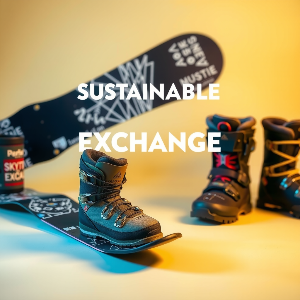 持続可能なギア交換サービス - スノーボード、ブーツ、装備の交換プログラムを示す画像。環境に優しいリサイクルと再利用のコンセプト