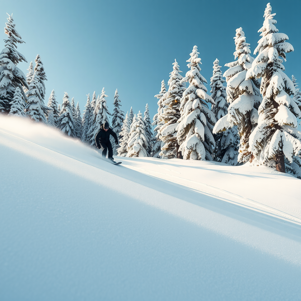 深いパウダースノーを滑るスノーボーダー、雪に覆われた松の木が並ぶ手つかずの山の斜面