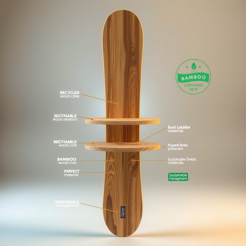 リサイクルされた木材コアとバンブー素材を使用したスノーボードの断面図。層状構造が明確に見え、各層に環境に優しい素材が使用されていることを示すラベルが付いている。背景には持続可能な森林管理の認証マークが表示されている
