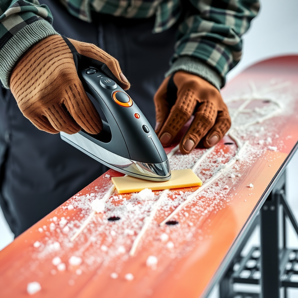 プロ用アイロンでスノーボードのベースにホットワックスを塗布している様子のクローズアップ。適切な技術と温度管理を示している