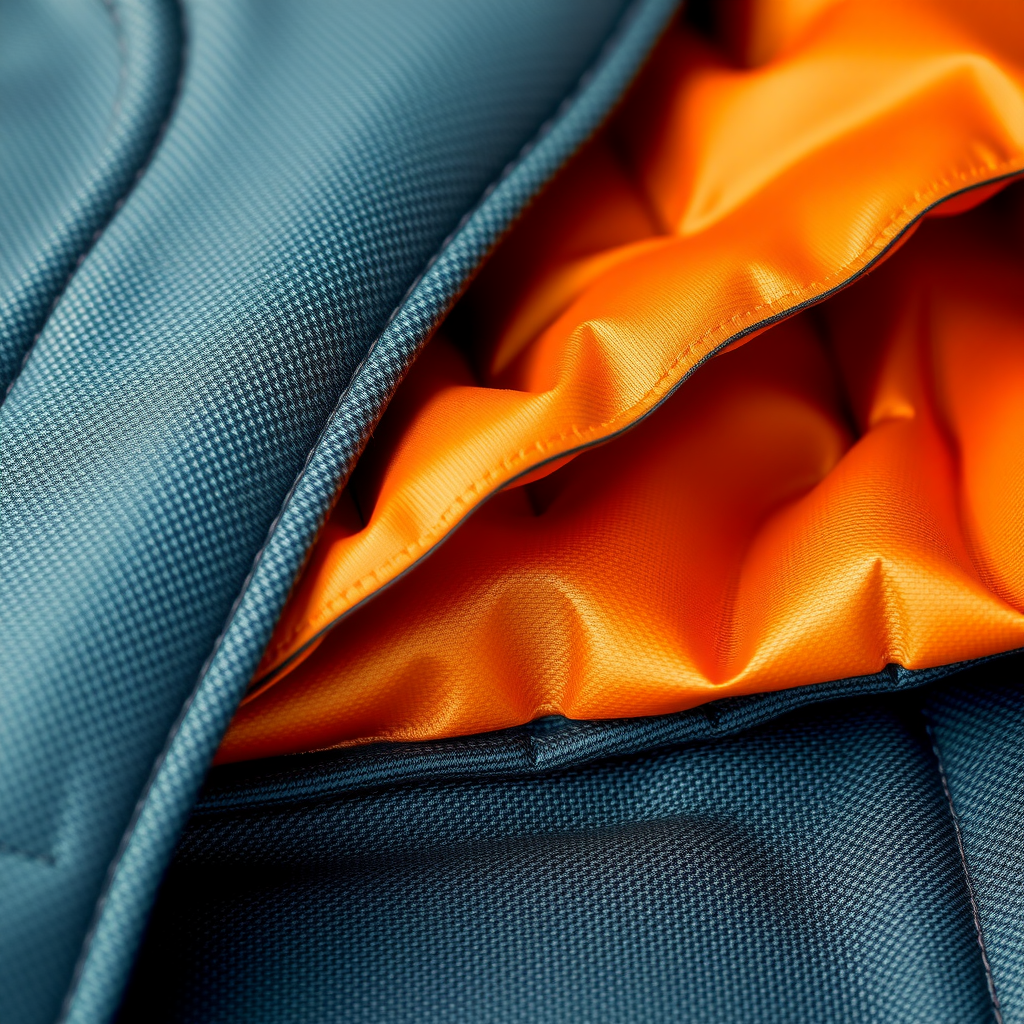 グラフェン断熱材と防水メンブレン層を持つテクニカルファブリックのクローズアップ画像。素材の質感と層構造が詳細に見える