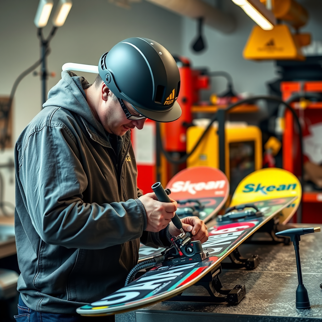 Professional technician performing snowboard maintenance with edge sharpening tools and hot wax equipment in well-equipped workshop with multiple boards being serviced