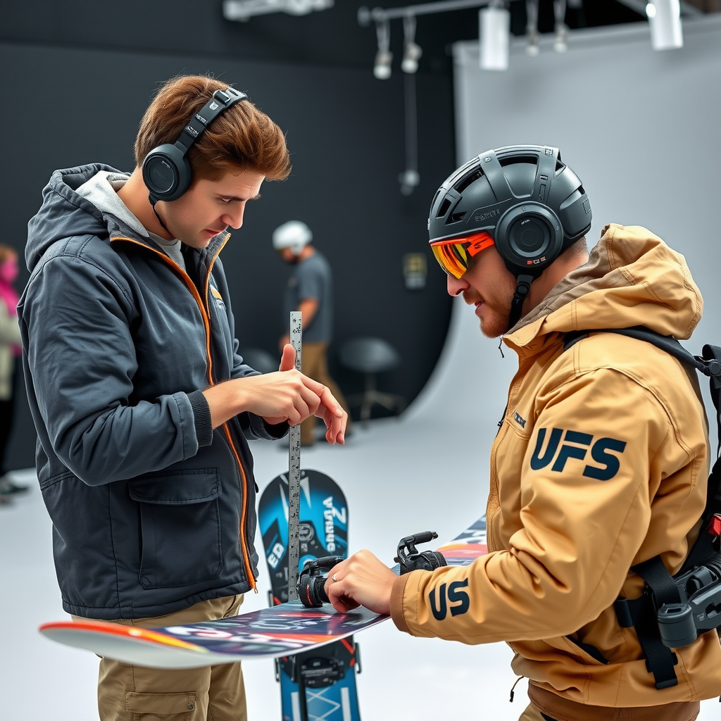 スペシャリストが顧客のスタンスを測定し、スノーボード上での身体力学を分析している詳細なコンサルテーションセッションの様子