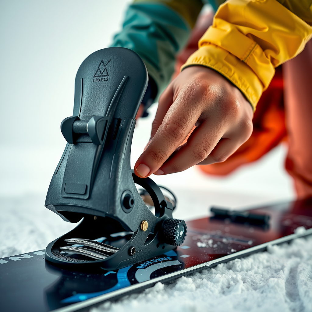 スノーボードバインディングの調整と検査のクローズアップ画像