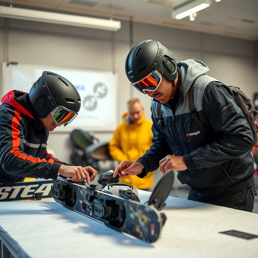 ギア評価プロセス - 専門スタッフがスノーボード装備の状態を詳細にチェックしている様子。品質管理と公正な価格設定