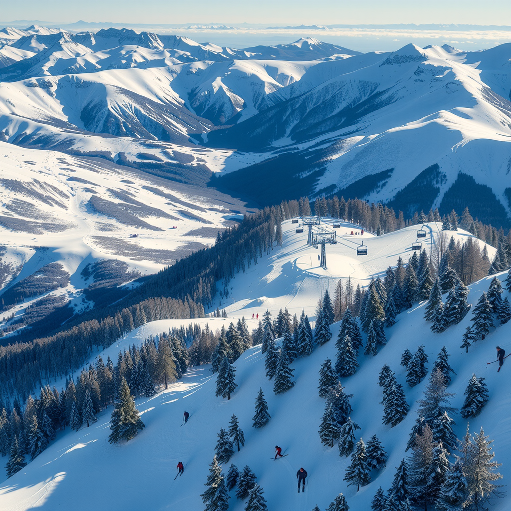 複数のチェアリフトが稼働し、整備されたコースを滑るスキーヤーと雪に覆われた山々に囲まれたスキーリゾートの空撮