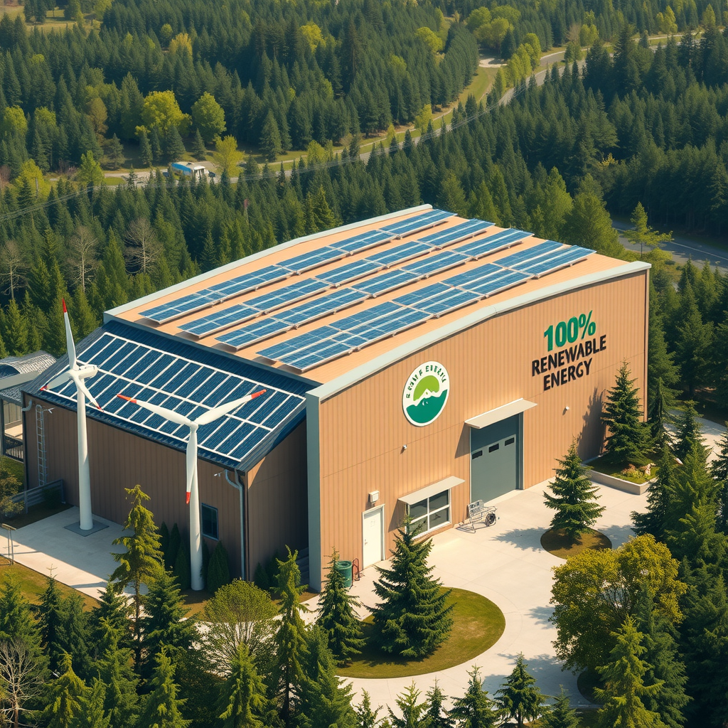 太陽光パネルで覆われた屋根を持つ最先端のカーボンニュートラルスノーボード製造工場。施設の外観には風力タービンが設置され、建物の側面には大きな「100% Renewable Energy」のサインが表示されている。周囲には緑豊かな森林が広がり、環境との調和を示している