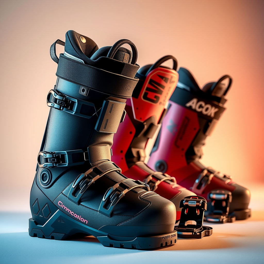プロフェッショナル用スノーボードブーツとバインディングのディスプレイ。先進的な快適性技術と精密なエンジニアリングを示している。内部構造のカットアウェイビューと調整機能の詳細が見える