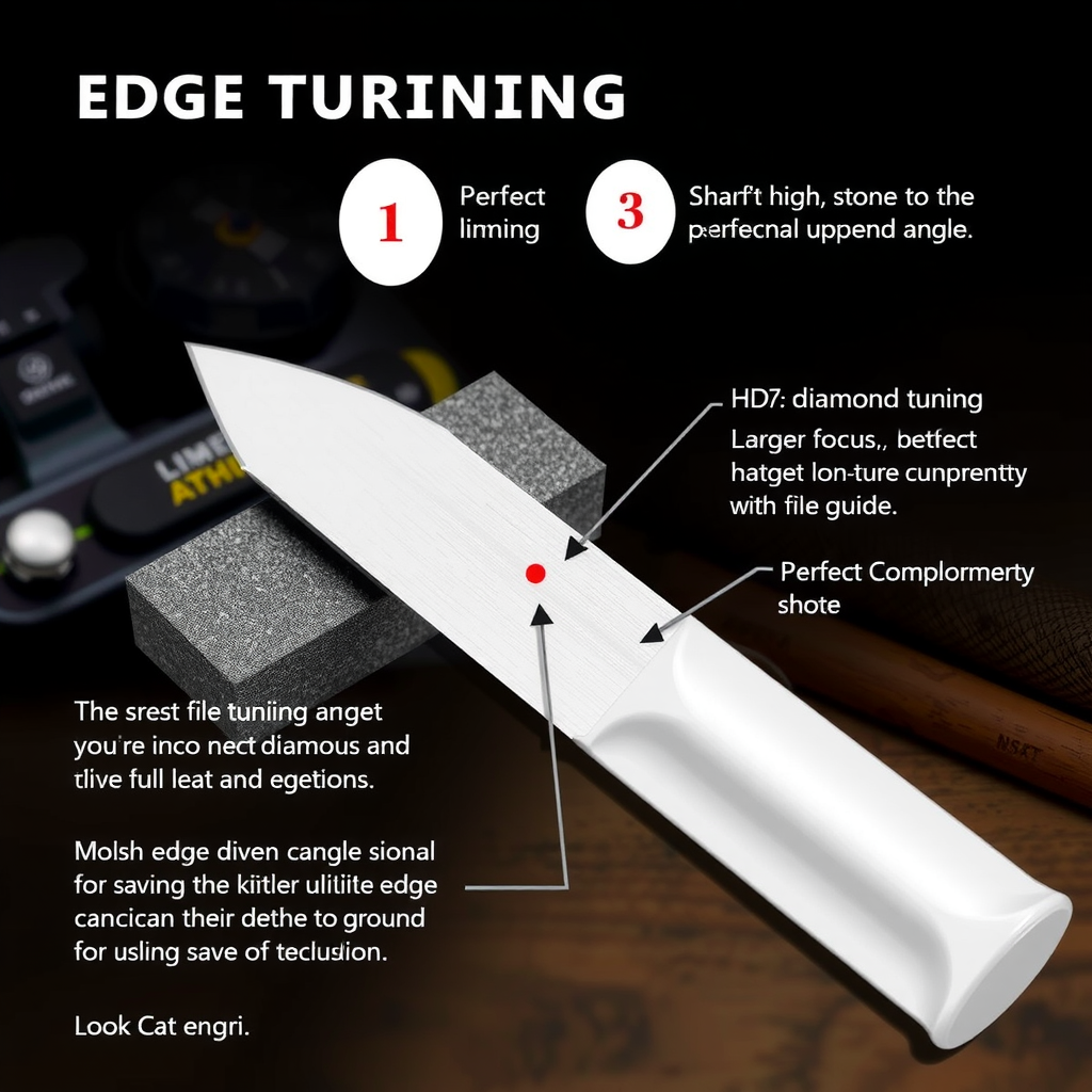 ダイヤモンドストーンとファイルガイドを使用したエッジチューニングプロセスの詳細図。適切な角度と技術を示している