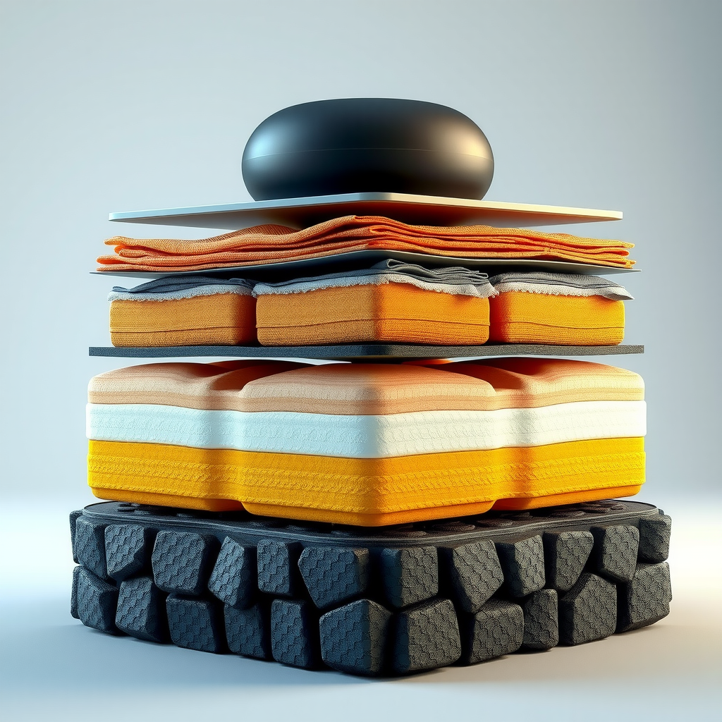 ベースレイヤー、ミッドレイヤー、アウターシェルを展示したレイヤリングシステムの全体像。各層の素材と機能が明確に分かる配置