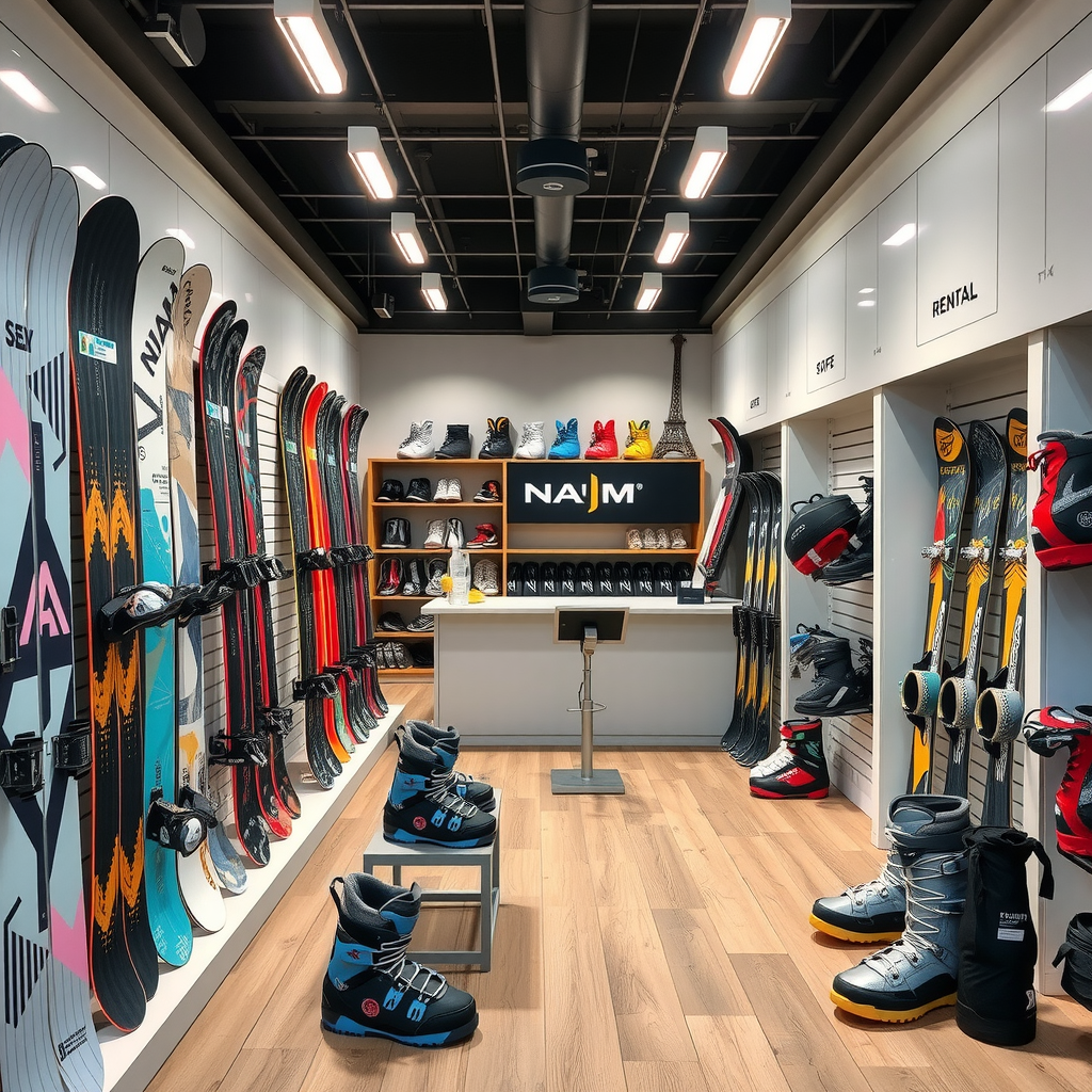 Modern snowboard rental shop interior displaying variety of premium snowboards, boots and equipment organized by size and skill level with rental counter in background