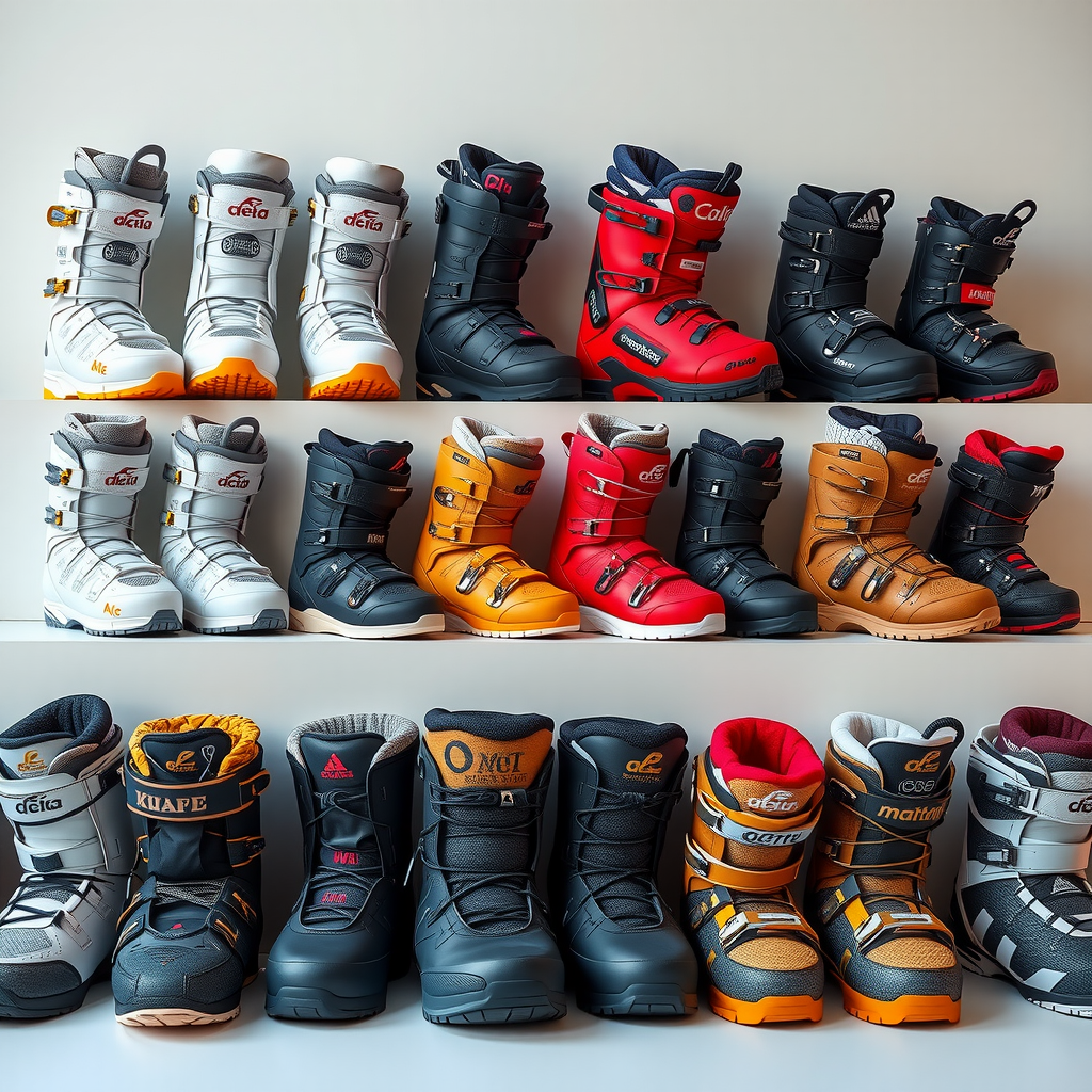 様々なサイズとスタイルのスノーボードブーツが整然と並べられている。ソフトフレックスからハードフレックスまで、初心者用から上級者用まで幅広いラインナップ。各ブーツには明確なサイズ表示とブランドロゴ。