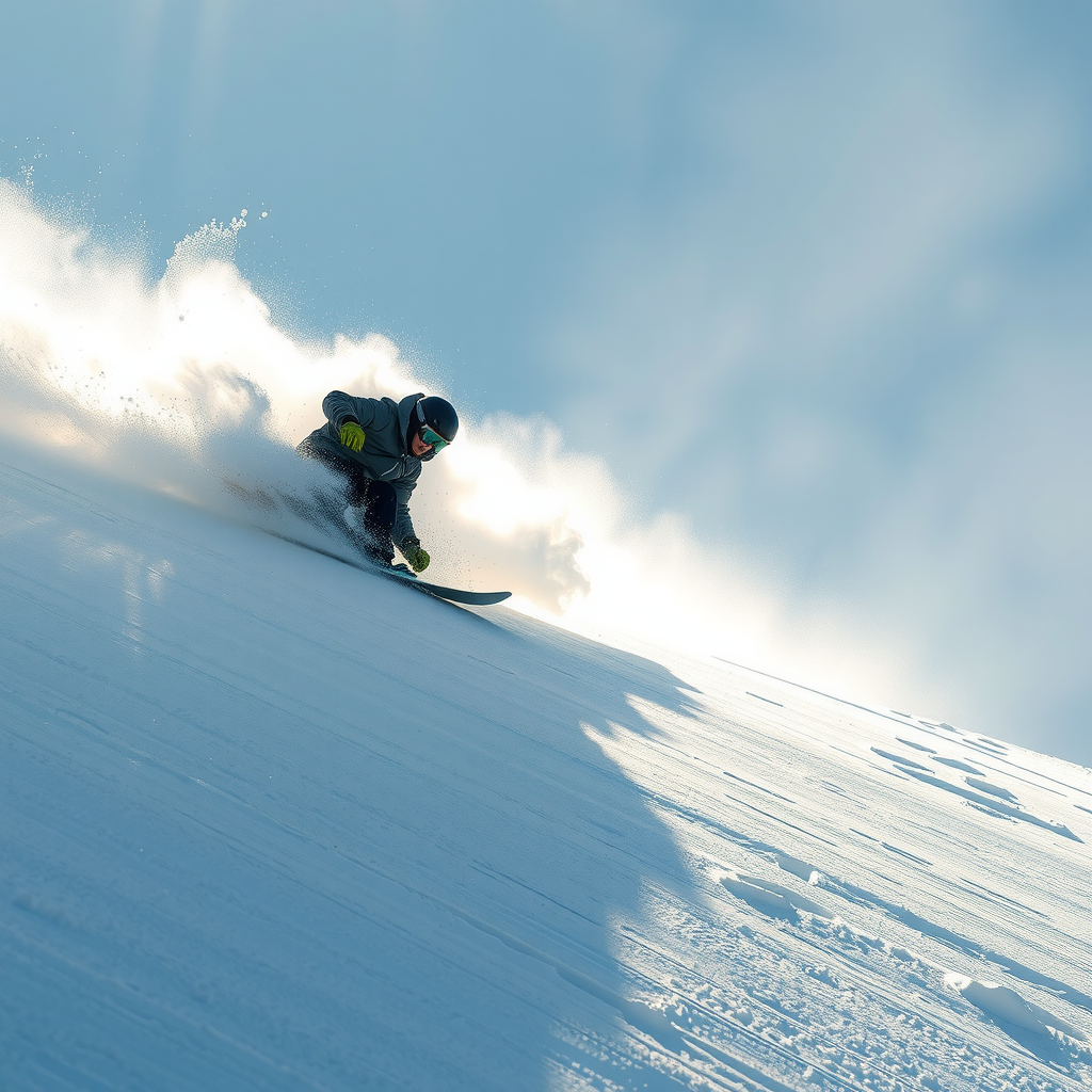 急斜面でカービングターンを決める上級スノーボーダー、パウダースノーが舞い上がる