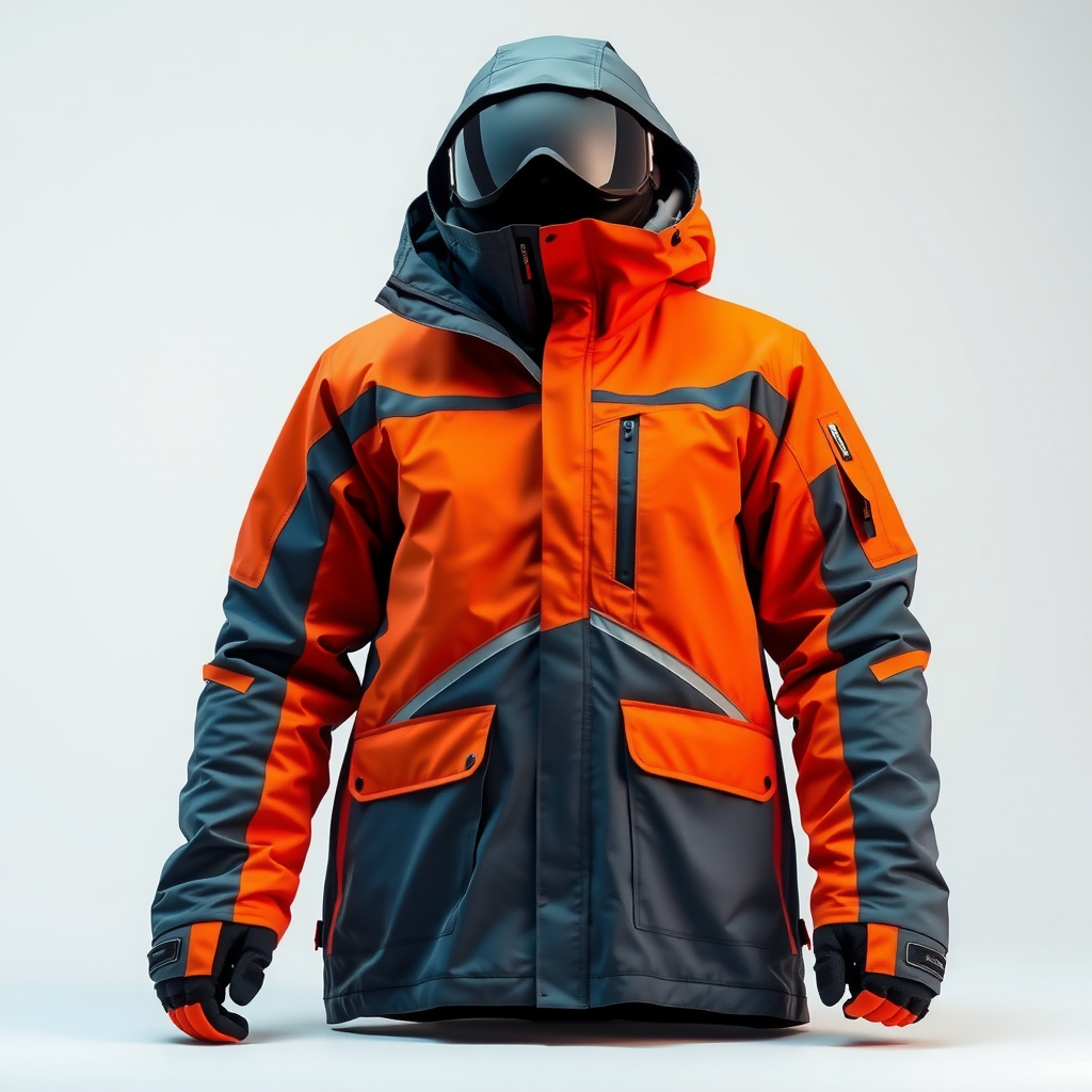 スノーボードジャケット - 防水・防風ジャケット、オレンジとグレーのカラーブロック、通気性のある素材、複数のポケット付き