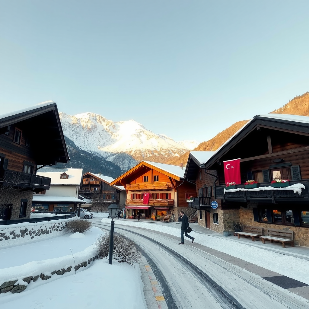 雪に覆われた伝統的なシャレーと晴天の下で背景に山々が見えるヨーロッパアルプスの村