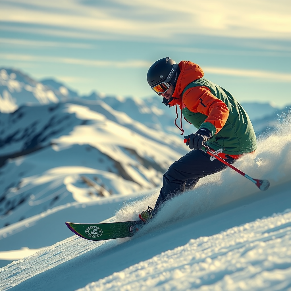 雪山でプロライダーが持続可能な素材で作られたスノーボードをテストしている様子。ライダーは急斜面でダイナミックなターンを決めており、背景には美しい雪景色と青空が広がっている。ボードには環境認証マークが見える