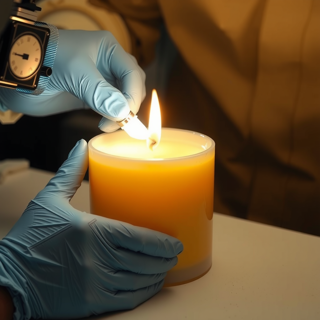 Pテックスキャンドルを使用したベース修理プロセス。溶けた素材を損傷部分に適切な技術で塗布している様子