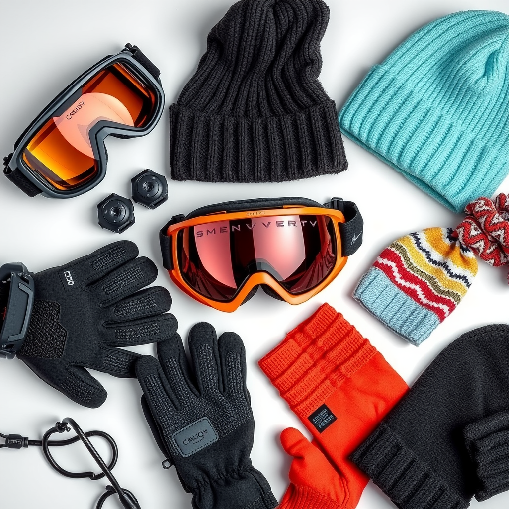 ゴーグル、グローブ、ネックウォーマー、ビーニーを含むスノーボードアクセサリーのコレクション。各アイテムが美しく配置されている