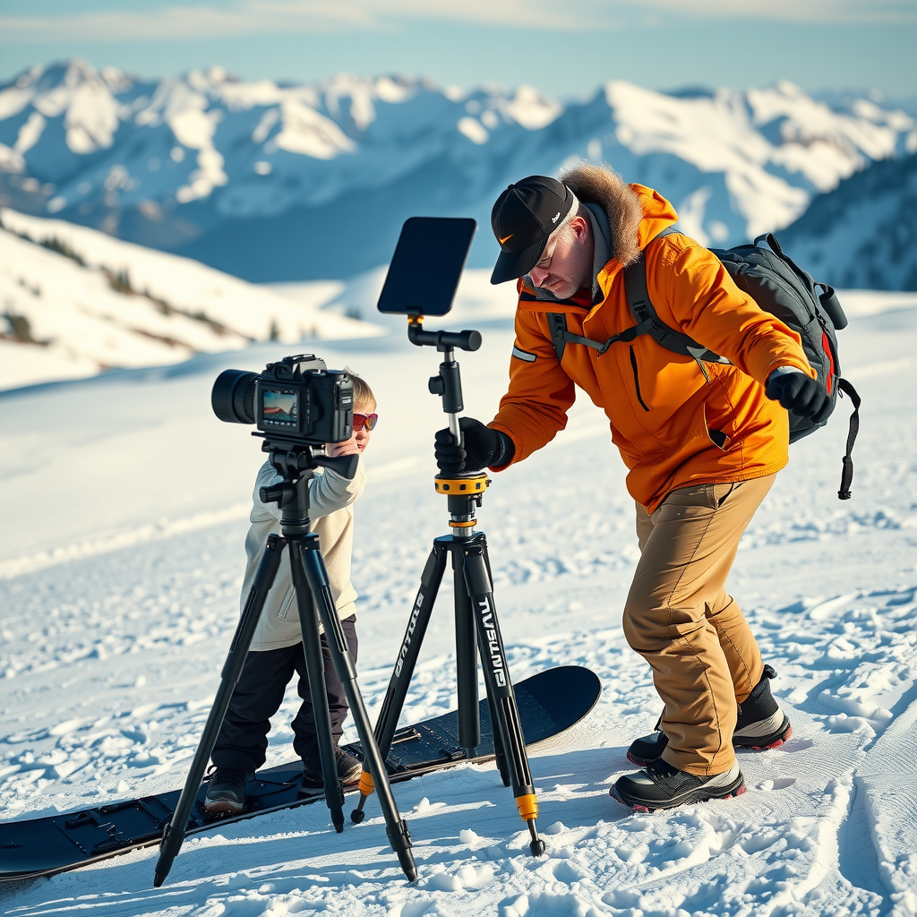 Certified snowboard instructor teaching student on snowy slope with video camera on tripod for technique analysis, mountain landscape in background
