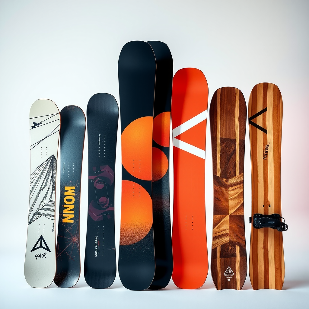 さまざまなライディングスタイルに対応する、様々なボード形状とサイズを示すプレミアムスノーボードセレクション