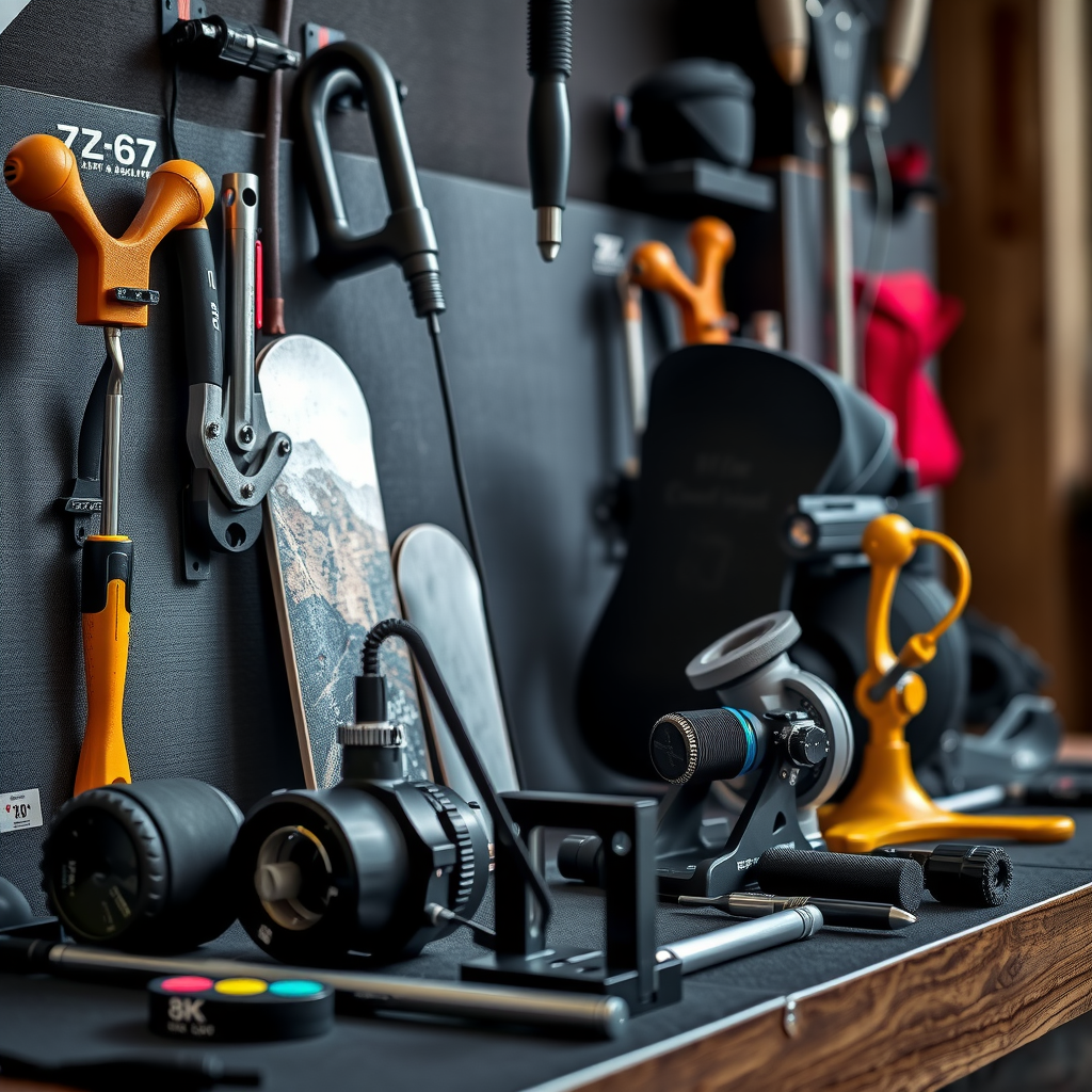 プロフェッショナルなスノーボードチューニング機材とツールのディスプレイ