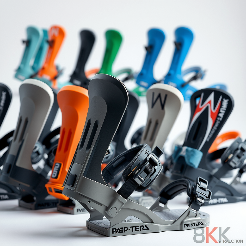 高品質なスノーボードバインディングのコレクション。様々なカラーとデザインのバインディングが展示され、調整可能なストラップとハイバックが見える。最新の技術を搭載したプロフェッショナルグレードの機材。