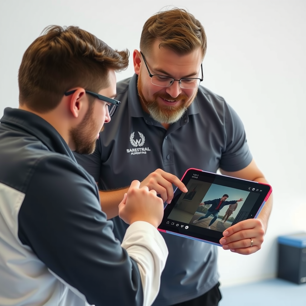 インストラクターがタブレットでビデオ分析を見せながら生徒の技術を確認している様子