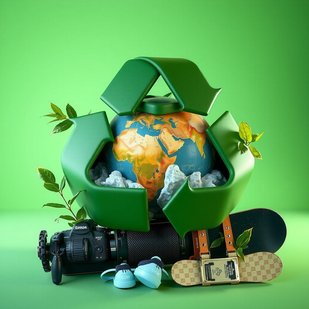 環境への影響 - リサイクルとサステナビリティのシンボル。緑の地球と再利用可能なスノーボード装備