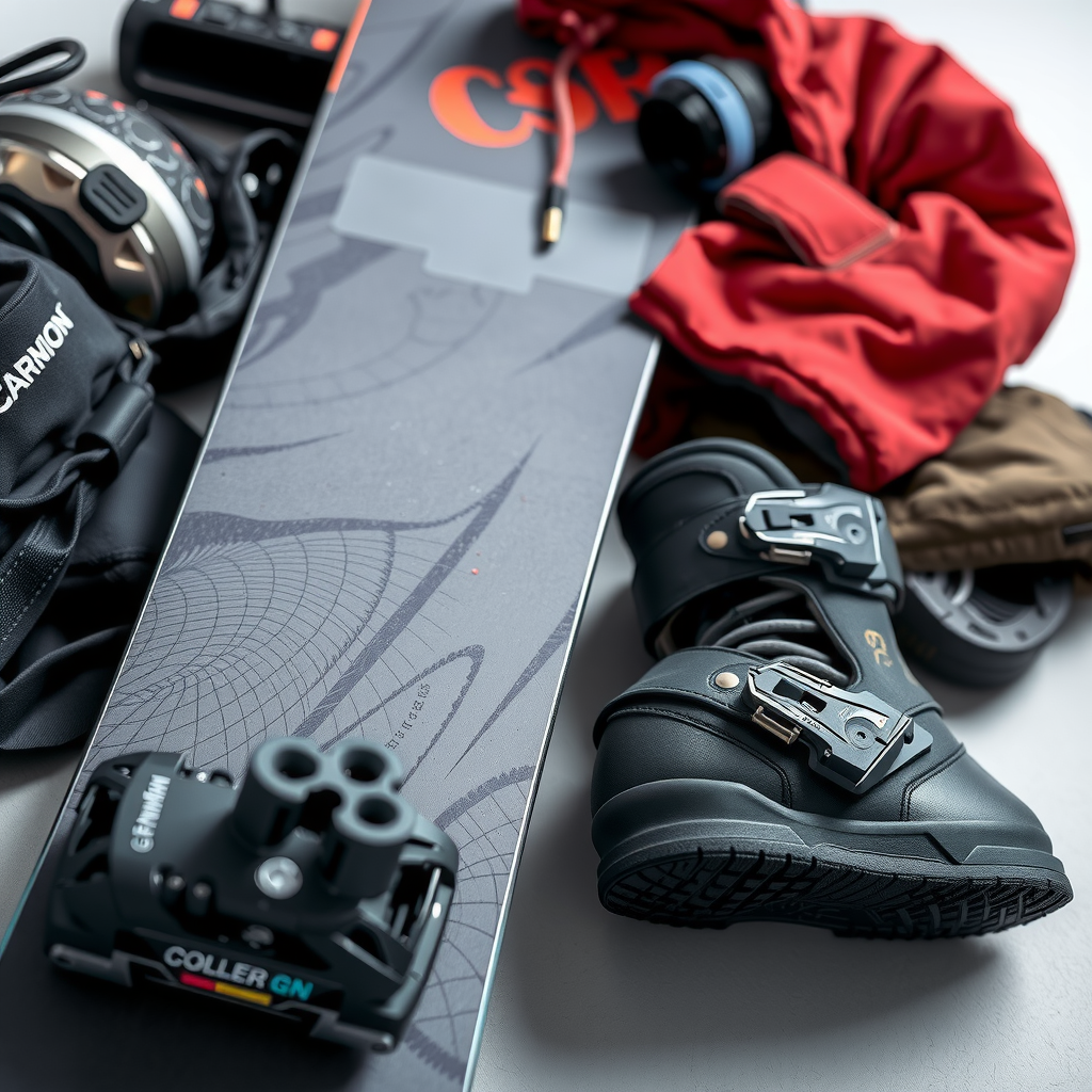 スノーボード装備とギアのクローズアップ、ボード、ブーツ、バインディング、ウィンターウェアが並べられている