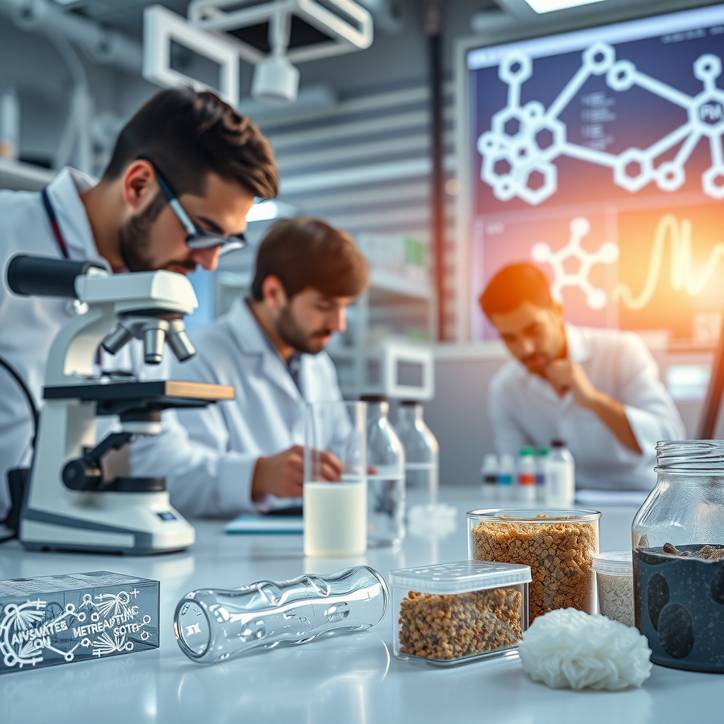 未来的な研究室で科学者たちが次世代の持続可能なスノーボード素材を開発している様子。顕微鏡、試験管、デジタルディスプレイに表示された分子構造図が見える。前景には透明なバイオプラスチックのサンプルと植物由来の原料が配置されている