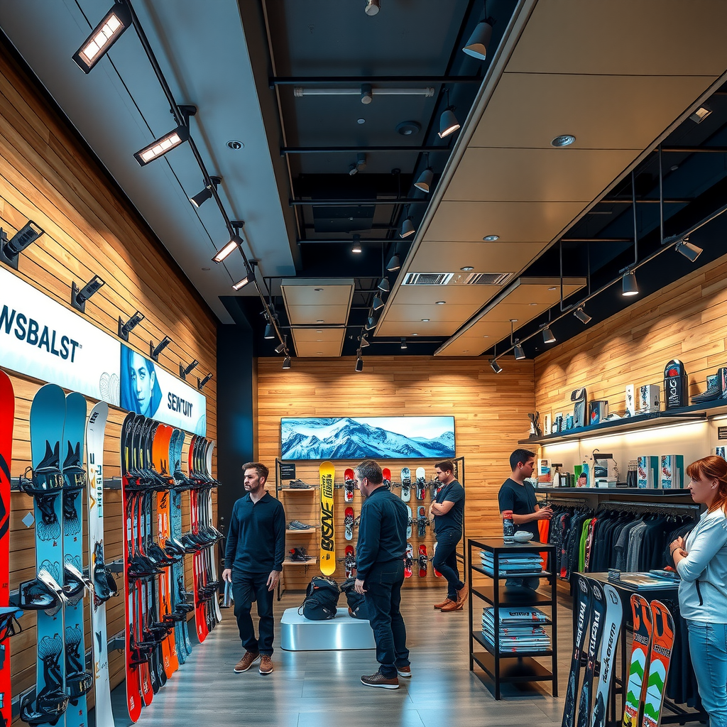 モダンな小売店のディスプレイ。完全なスノーボード用品コレクションとインタラクティブな技術デモンストレーションが特徴。明るく魅力的な店内環境で、顧客が製品を試している様子
