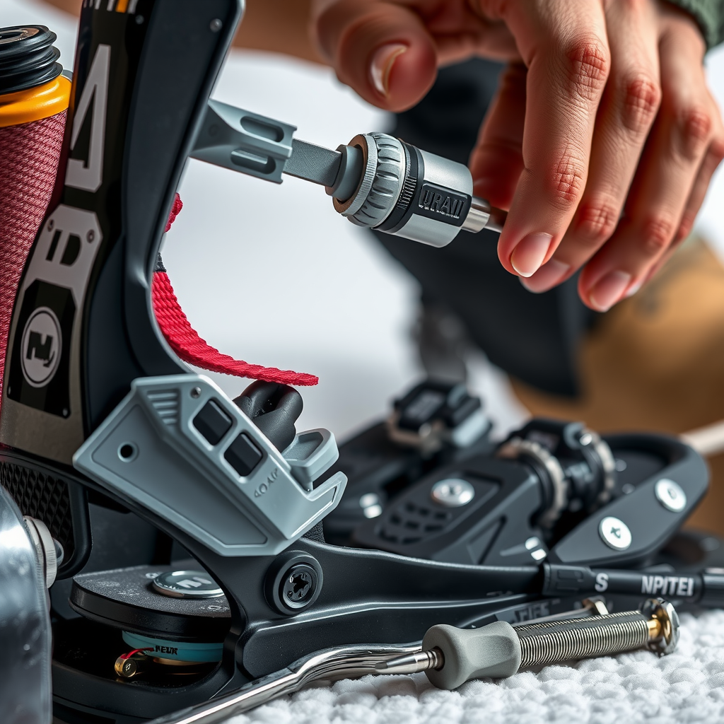 ストラップ、バックル、ハードウェアの検査を示すスノーボードバインディングのメンテナンス。ツールも含まれている