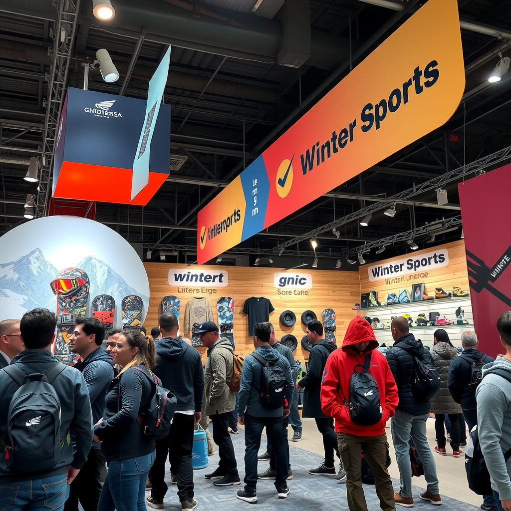 最新のスノーボードアパレルとギアを展示するウィンタースポーツエキスポのブース。多くの来場者が製品を見ている様子
