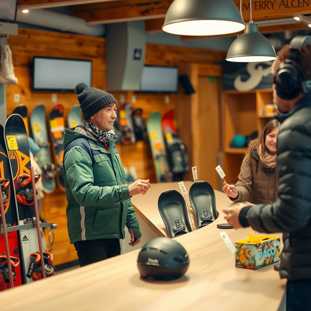 Eco-friendly gear exchange counter with used snowboards being evaluated by staff member, refurbished equipment displayed with discount tags, sustainable winter sports concept