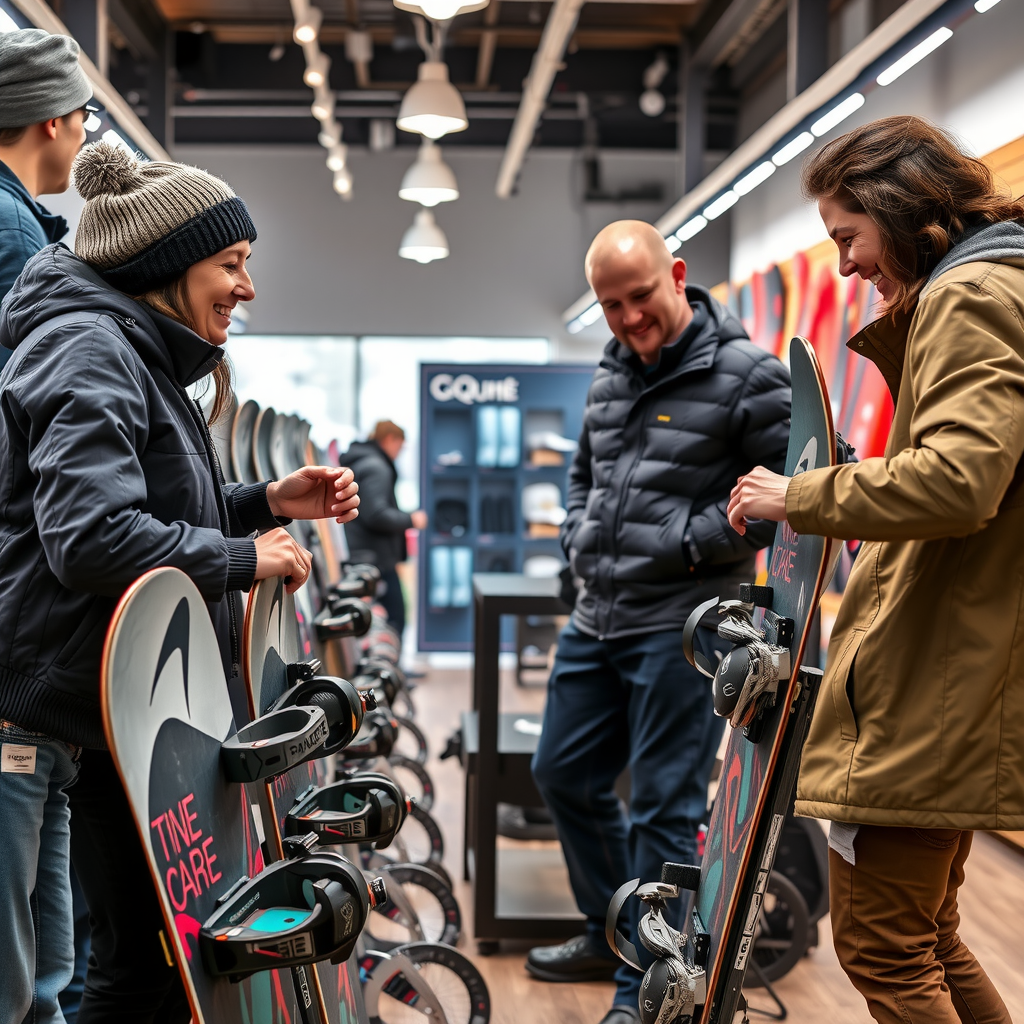 スノーボードレンタルプロセスの様子。フレンドリーなスタッフが顧客と一緒にボードを選び、ブーツのフィッティングを行い、バインディングを調整している。明るく清潔な店内で、顧客は笑顔で機材を試している。