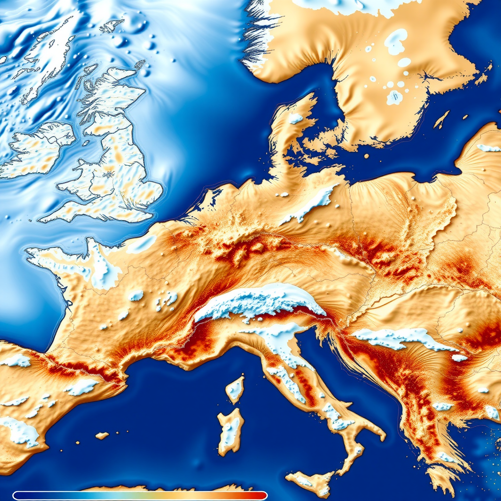 山脈上の降雪パターンを示す天気予報マップ、青と白の色で降雪を示している