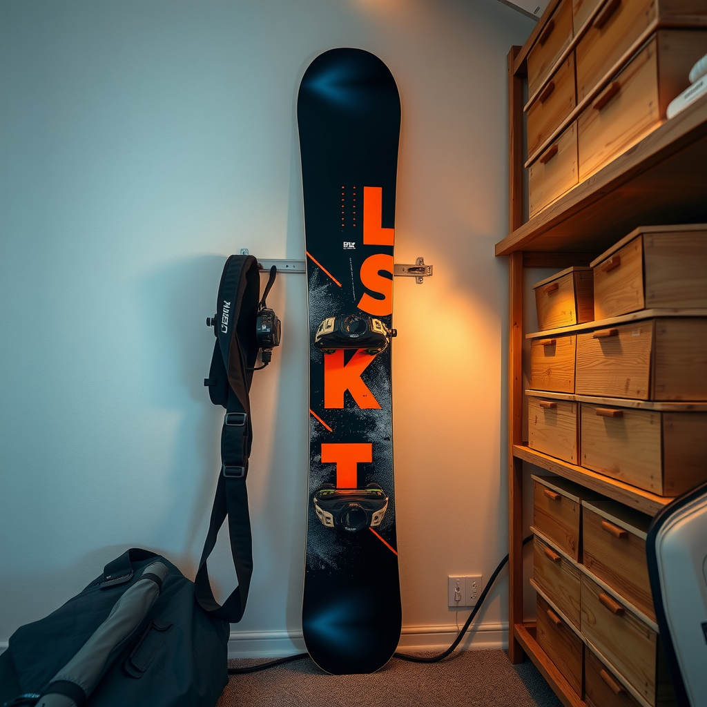 涼しく乾燥した場所に垂直に吊るされたスノーボードを示す適切なオフシーズン保管セットアップ。保護カバー付き