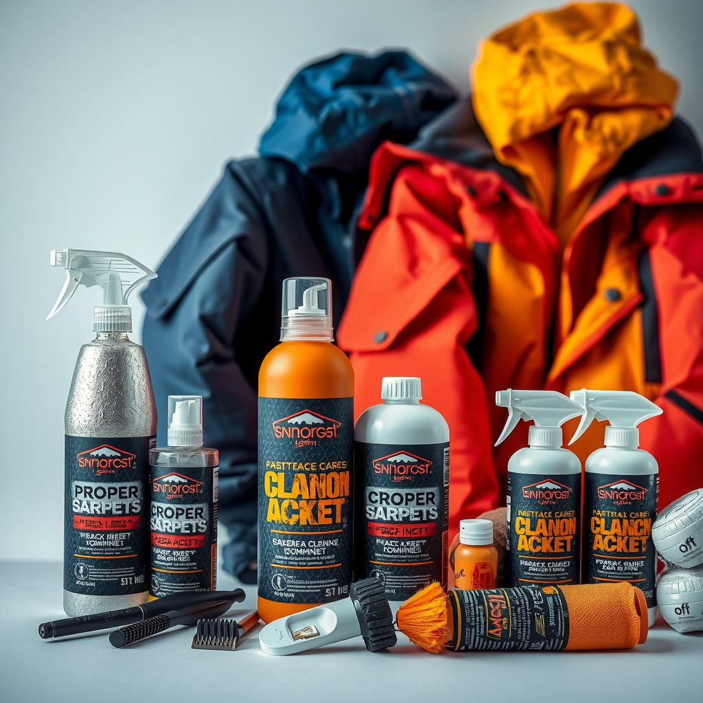 スノーボードジャケットの適切なケアとメンテナンス。クリーニング製品とツールが並んでいる様子
