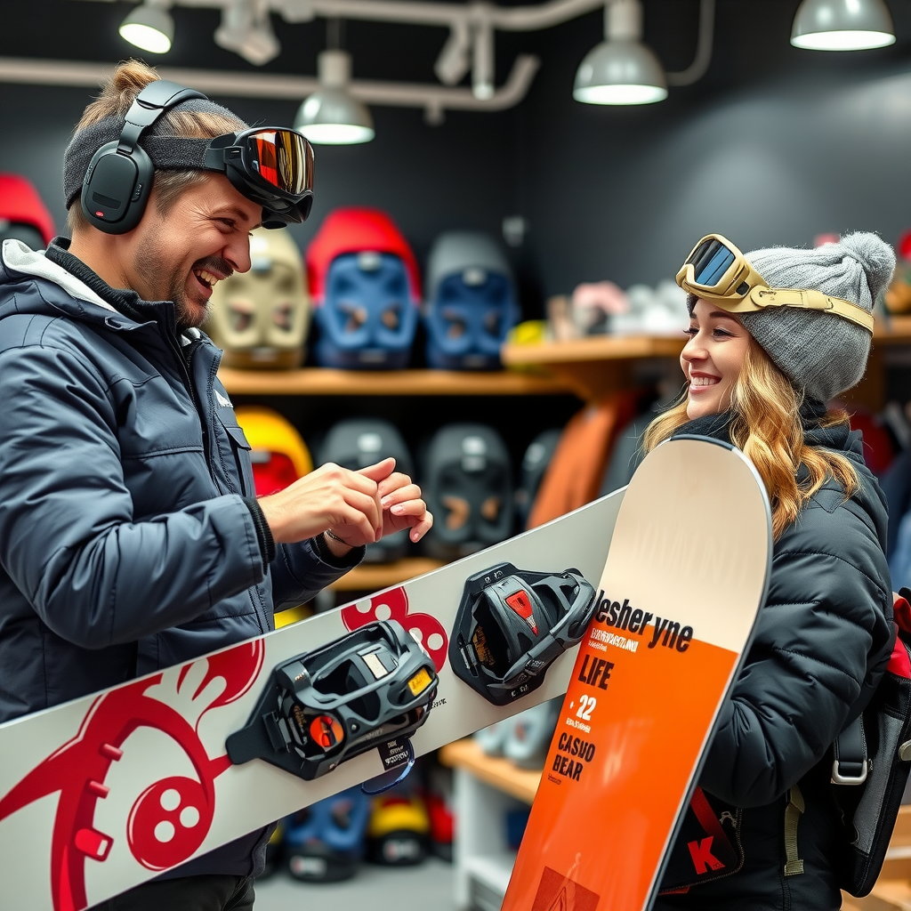 初心者の顧客にスノーボードの基本を教えているインストラクター。店内で、スタッフが笑顔でボードの持ち方、スタンスの取り方、バインディングの装着方法を実演している。顧客は熱心に聞いており、安心した表情。