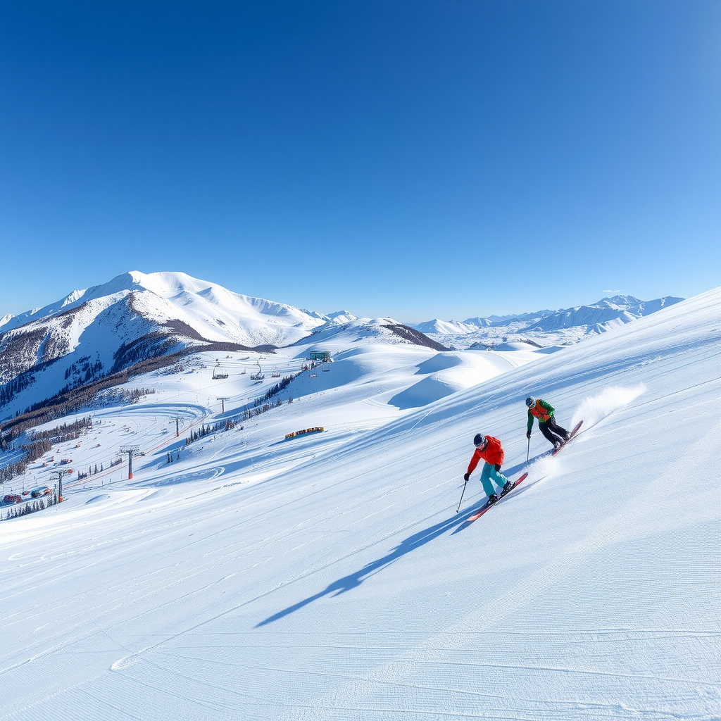 Major ski resorts covered in fresh early-season snow with snowboarders riding down pristine white slopes under blue skies, modern ski lifts visible in background, winter mountain landscape