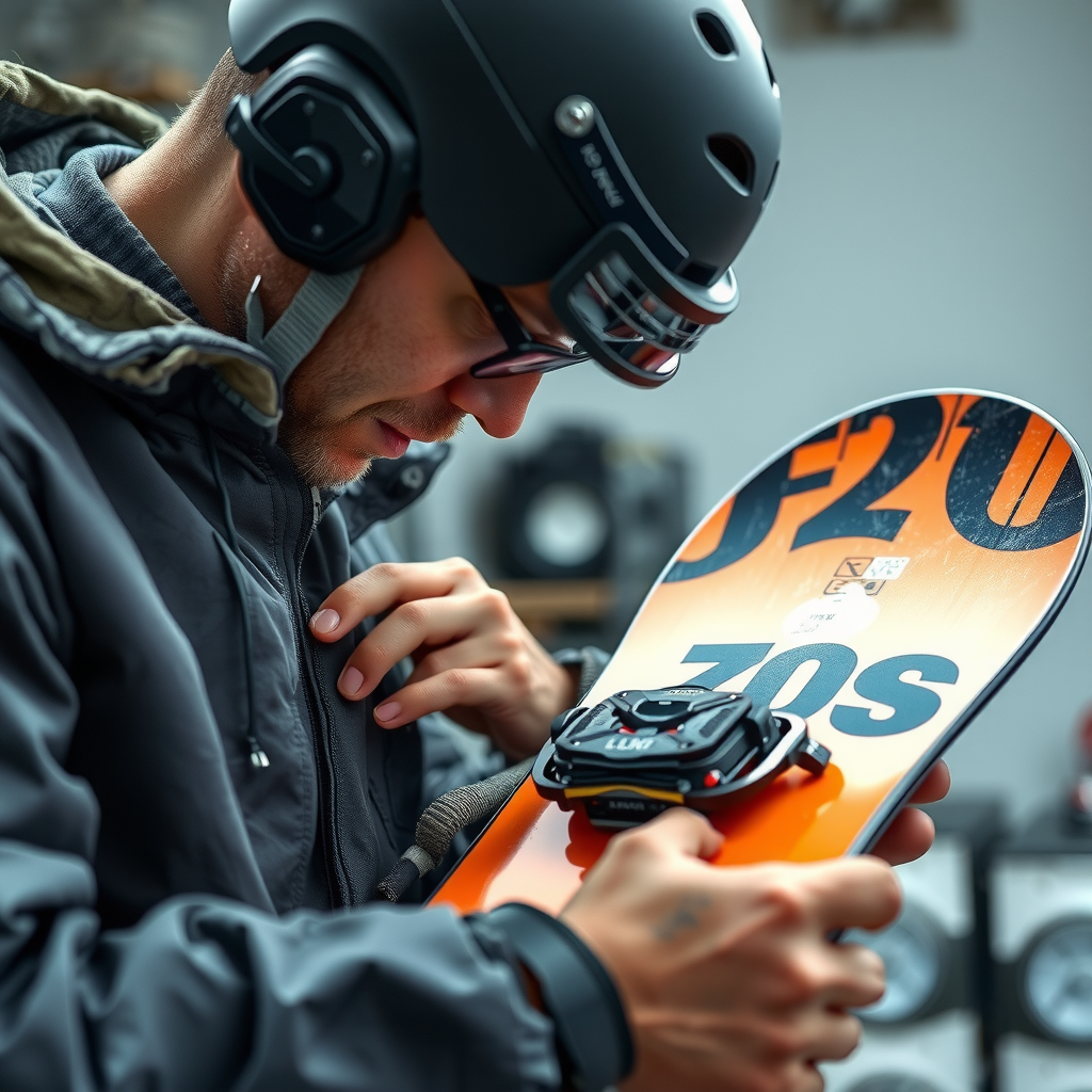 技術者がスノーボードの詳細な検査を実施し、エッジ、ベース、トップシートの損傷をチェックしている様子