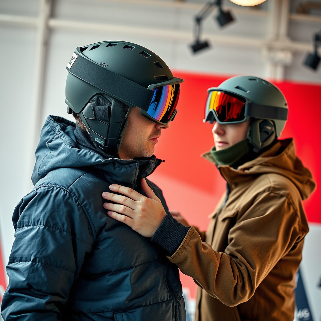 スペシャリストの指導と調整のもと、推奨されたスノーボード機器を試着する顧客